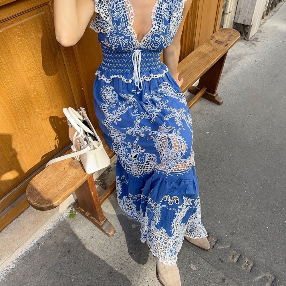 FARM Rio Blue and White Embroidered Maxi Dress